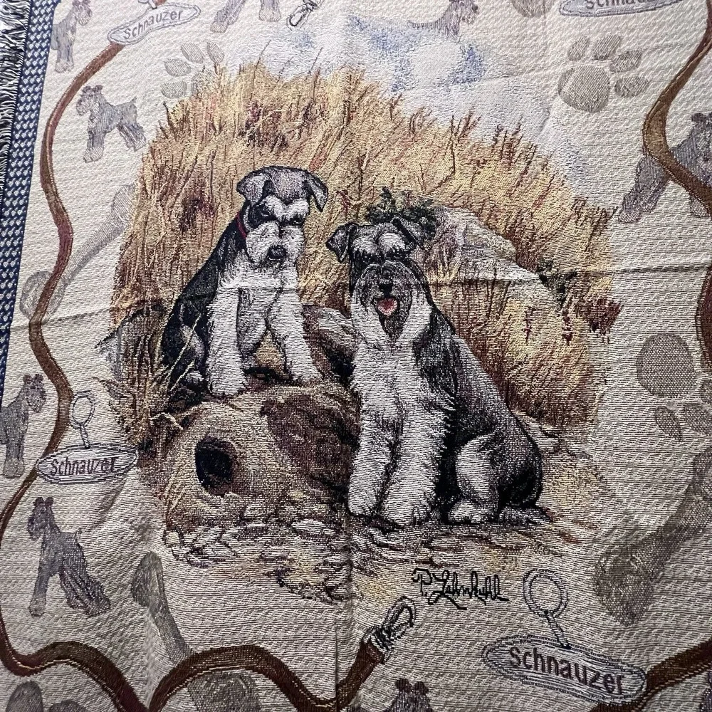 Vtg Schnauzer Dog Woven Cotton Tapestry Throw Blanket New 49